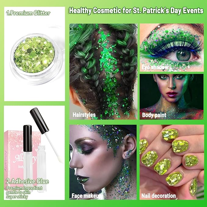 Allstarry Green Body Glitter, 4 Colors Cosmetic Green Face Glitter, Shamrock Face Eyeshadow Makeup Hair and Eye Glitter St Patricks Day Accessories Green Makeup Shamrock Decorations