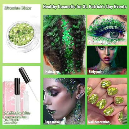 Allstarry Green Body Glitter, 4 Colors Cosmetic Green Face Glitter, Shamrock Face Eyeshadow Makeup Hair and Eye Glitter St Patricks Day Accessories Green Makeup Shamrock Decorations