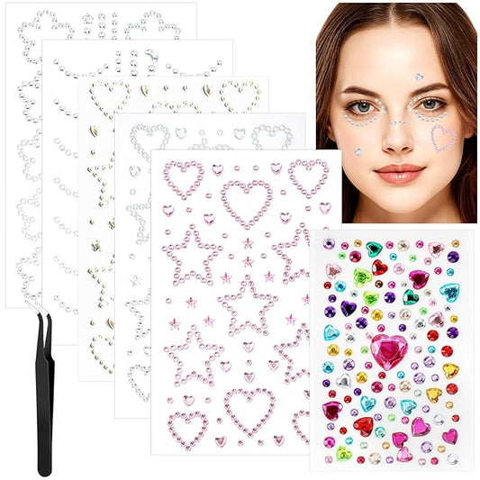 6 Sheets Face Gem Stickers Bling Heart Sticker With Tweezer Self-Adhesive Rhinestone Jewel Stickers Assorted Shapes Eye Jewels DIY Face Gems Stick on Hair Accessories For Girls for Makeup Body Crafts