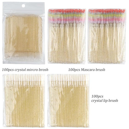 300 PCS Eyelash Extension Supplies Kit, Disposable Micro Swab,Crystal Eyebrow Spoolie Lash Brush, Lip Gloss Brush, Mascara Wand Applicator(colorful+gold)
