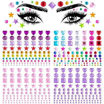 OIIKI 4 Sheets Colorful Star & Heart Face Gems, Acrylic Crystal Face Gems, Halloween Round Square Makeup Stickers - 4 Styles Rhinestones Tattoos for Women & Girls
