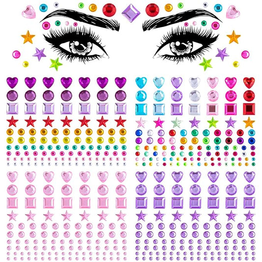 OIIKI 4 Sheets Colorful Star & Heart Face Gems, Acrylic Crystal Face Gems, Halloween Round Square Makeup Stickers - 4 Styles Rhinestones Tattoos for Women & Girls