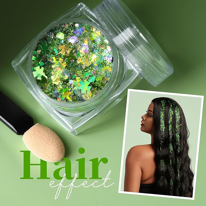 Teenitor Green Face Glitter, 6 Shapes Face and Body Glitter, Hair Glitter Gel, Body Glitter Gel for Festival Makeup, Makeup Glitter for Face, Body, Hair
