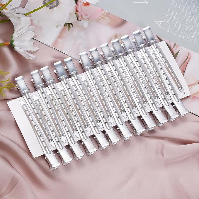 24 Packs Duck Bill Clips, Bantoye 3.35 Inches Rustproof Metal Alligator Curl Clips with Holes for Hair Styling, Hair Coloring, Matte Silver