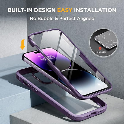 Miracase Glass Series for iPhone 14 Pro Case 6.1 Inch, Full-Body Protective Anti Slippery Case with Built-in 9H Tempered Glass Screen Protector, with Camera Lens Protector (Purple)