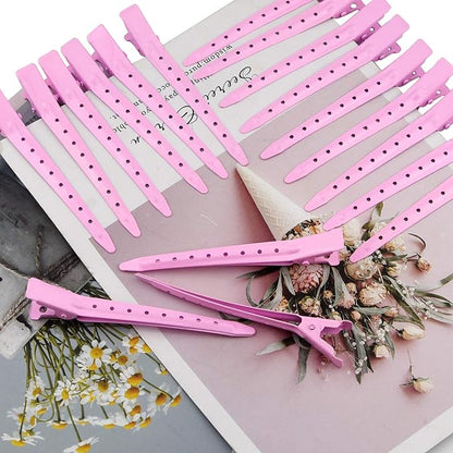 24 Packs Duck Bill Clips, Bantoye 3.35 Inches Rustproof Metal Alligator Curl Clips with Holes for Hair Styling, Hair Coloring, Pink