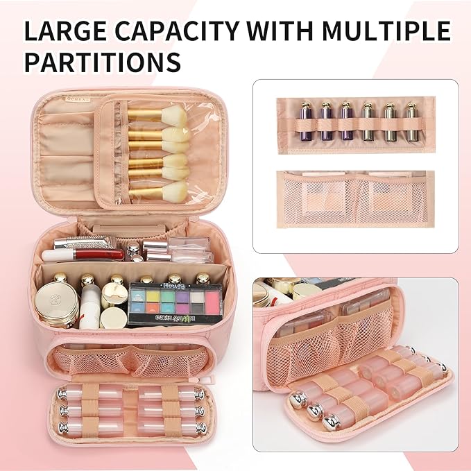 OCHEAL Makeup Bag, Multifunctional Make Up Bags Large Compact Makeup Bag Organizer Cosmetics Toiletry Brushes Storage Case for Women Girls Makeup Case with Handle Divider-Pink Large