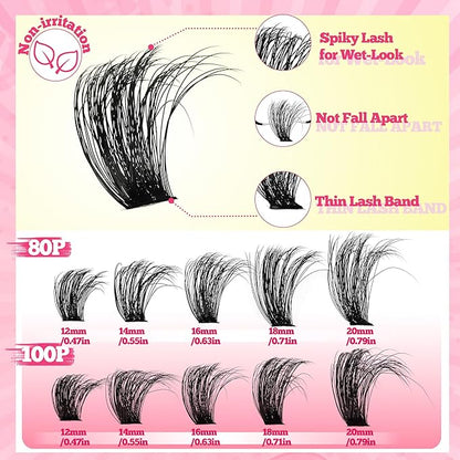 280 Pcs Lash Clusters Extensions Kit - 80D 100D 12-20mm Faux Mink Individual Eye Lash Clusters with D Curl Fluffy Wispy Lash Clusters for DIY Lash Extension at Home