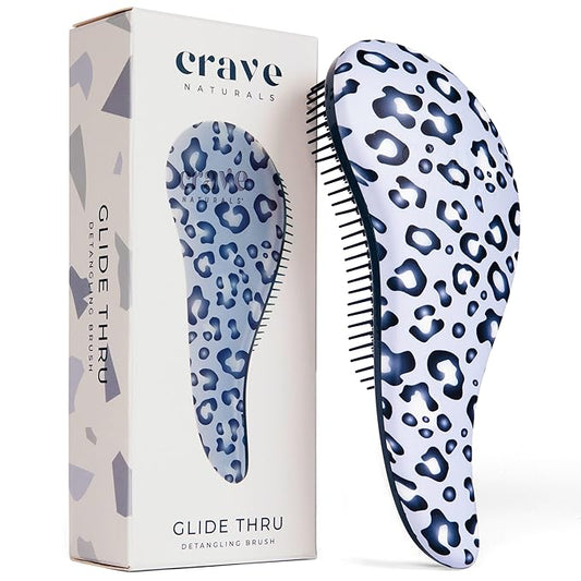 Crave Naturals Glide Thru Hair Brush - Detangler Brush for Curly, Straight, Wet or Dry Hair - Gentle Detangling Brushes for Adults, Kids, Toddlers - Hair Accessories for Women, 7.5"x3" - Blue Cheetah