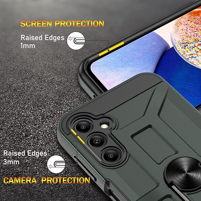 for Galaxy A14 5G Case, for Galaxy A14 5G Case with [3X Tempered Glass Screen Protector], Built-in Ring Kickstand and Magnetic Car Mount Shockproof Dropproof Armor Case for Galaxy A14 5G - Green