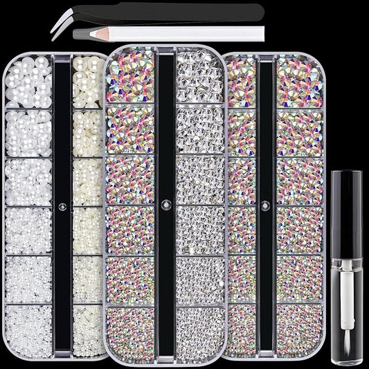 Nail Art Rhinestones Kit with Flatback Crystal (AB&Clear + AB) Gems, (White & Beige) Half Pearls with Dotting Tools, Nail Rhinestones Jewels for Manicure Makeup