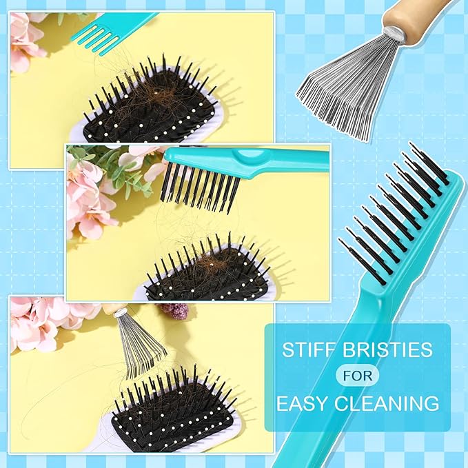 Boao 2 Pieces Hair Brush Cleaning Tool Comb Cleaner Brush Mini Comb Cleaning Hair Remover Tool for Removing Dust Home and Salon Use(Green, Wood Color)