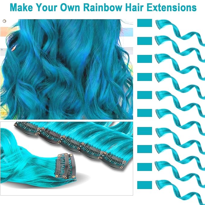 10 PCS Teal Blue Hair Extensions, Curly Wavy Synthetic Hairpieces Clip in Rainbow Neon Party Highlights, Colorful Hair Accessories for Girls Women 17 inch (Teal Blue)