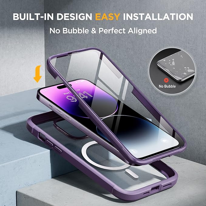 Miracase Magnetic for iPhone 14 Pro Case, [Compatible with MagSafe] [Built-in Tempered Glass Screen Protector] Full-Body Rugged Protective Case with Camera Lens Protector, Magnetic Dark Purple