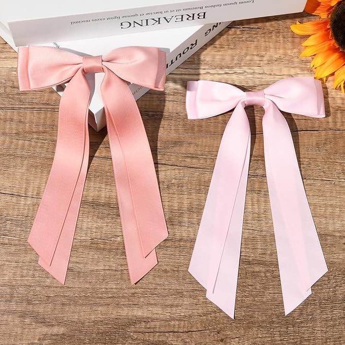 2PCS Silky Satin Hair Bows Hair Clip Pink Hair Ribbon Ponytail Holder Accessories Slides Metal Clips Hair Bow for Women Girls Toddlers Teens Kids