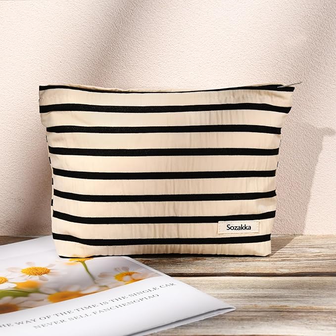 2 Pieces Makeup Bag Large Stripe Cosmetic Bag Capacity Canvas Travel Toiletry Bag Organizer Cute Makeup Brushes Aesthetic Accessories Storage Bag for Women, Stripe L Black White