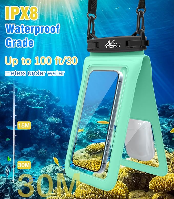MoKo Double Case Waterproof Phone Pouch, 2Pack Waterproof Phone Case Dry Bag with Adjustable Lanyard Compatible with iPhone 15 14 Pro Max Galaxy S23 Ultra/Note 20 Ultra Up to 7 Inches, Blue+Green