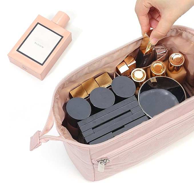 NISHEL Travel Makeup Bag for Women with Front Pockets, Large Wide-open Case, Portable Organizer To Hold Travel-Size Accessory Bottles, Cosmetics, Brushes, Skincare Products, Pink