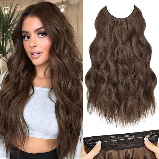 MORICA Halo Hair Extensions 20 Inch Medium Brown Invisible Wire Hair Extensions,Long Wavy Synthetic Hairpiece with Transparent Wire Adjustable Size, 4 Secure Clips for Women