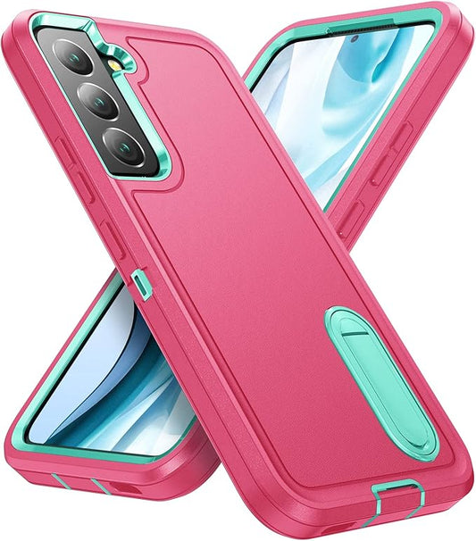 for Samsung Galaxy S22 Plus Case Galaxy S22+ Case with Kickstand Case 3-Layer Military Grade Protective Case Cover Silicone Rugged Shockproof for Galaxy S22 Plus S22+ Phone Case Rose Red+Cyan