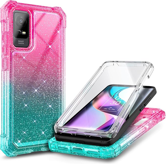 NZND Designed for TCL ION X Case, TCL ION V with [Built-in Screen Protector], Full-Body Protective Shockproof Rugged Bumper Cover, Impact Resist Case (Glitter Pink/Aqua)