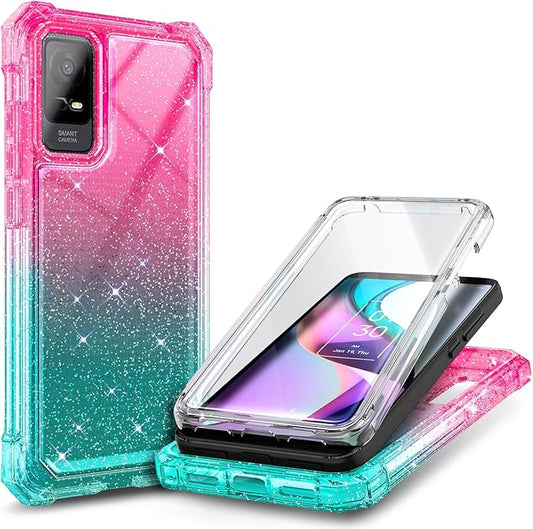 NZND Designed for TCL ION X Case, TCL ION V with [Built-in Screen Protector], Full-Body Protective Shockproof Rugged Bumper Cover, Impact Resist Case (Glitter Pink/Aqua)