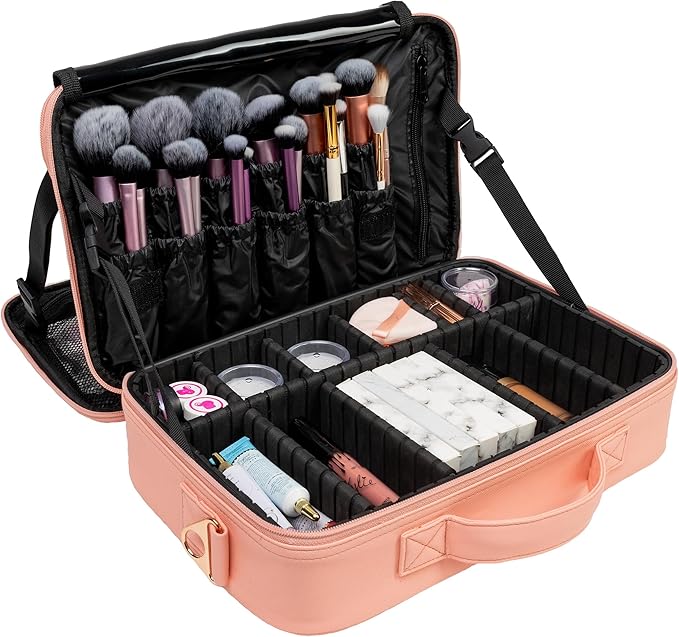 (Not Made In China) 2 Pack, Makeup Train Case, Cosmetic Travel Organizer For Professional Beauty Artist, Portable Storage Bag W/Adjustable Dividers For Jewelry and Brushes (Pink, Large)