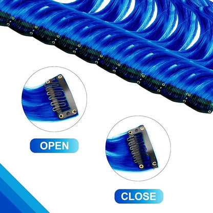 10 PCS Blue Clip-in Curly Wavy Synthetic Hair Extensions, Rainbow Neon Party Highlights, Colorful Hair Accessories for Kids, Girls, Women, 17 Inch
