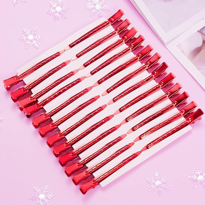 24 Packs Duck Bill Clips, Bantoye 3.35 Inches Rustproof Metal Alligator Curl Clips with Holes for Hair Styling, Hair Coloring, Red