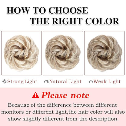 MORICA 1PCS Messy Hair Bun Hair Scrunchies Extension Curly Wavy Synthetic Chignon Hairpieces for Women (Natural Blonde & Lightest Blonde)