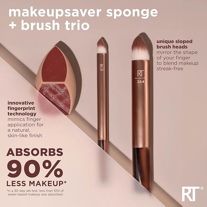 Real Techniques Makeupsaver Sponge + Brush Trio, Makeup Blending Sponge & Brushes For Liquid & Cream Formulations, Natural Finish & Reduces Makeup Waste, Cruelty & Latex-Free 3 Piece Set