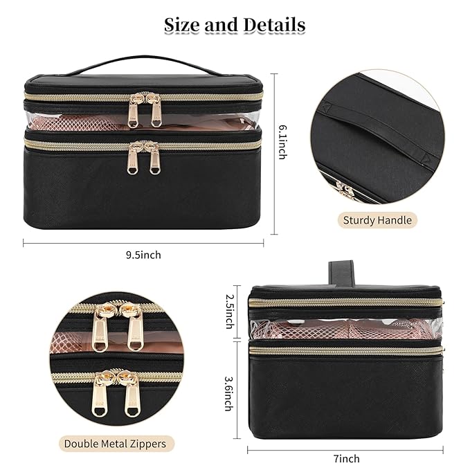 OCHEAL Makeup Bag, Double Layer Cosmetic Bag, Large Capacity Travel Makeup Organizer Bag, Make up Bags for Women and Girls Traveling Toiletry Bag With Handle and Divider-Black