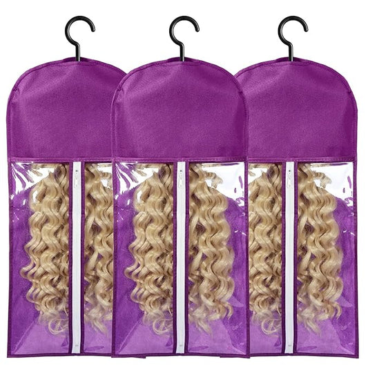 3PCS Wig Bags Storage with Hanger Wig Holder Wig Hanger for Multiple Wigs Portable Hair Extension Holder Dust-proof Hair Extension Storage Wigs Stand Hair Extensions, wigs & accessories (Purple)