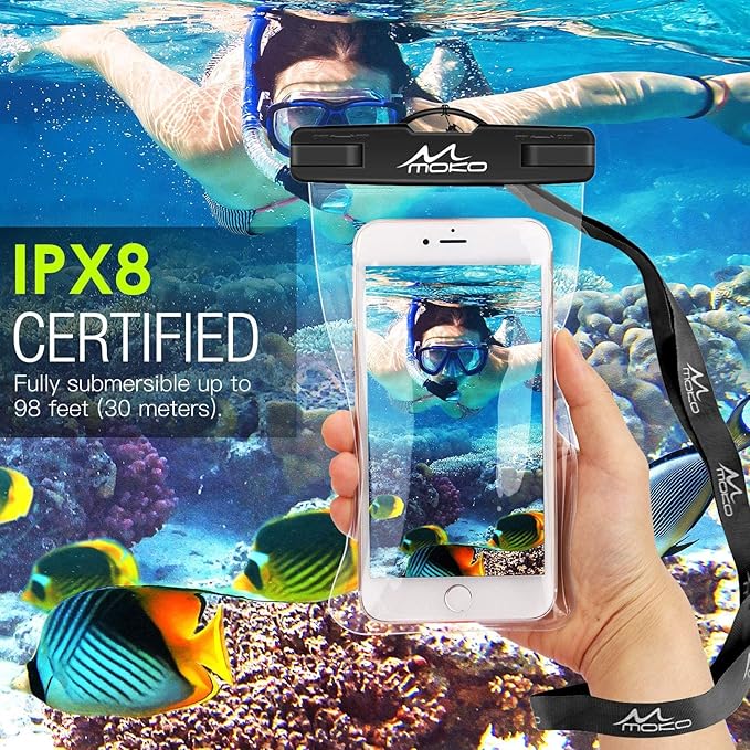 MoKo Waterproof Phone Pouch 2Pack, Underwater Phone Case Dry Bag with Lanyard Compatible with iPhone 16 14 13 12 11 Pro Max X/Xr/Xs Max/SE 3, Samsung S21/S10/S9, Note 10/9/8, Black+Black