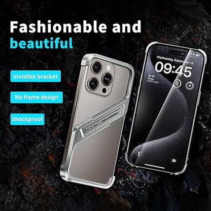 Lightweight Aluminum Alloy Shockproof Frame Case for iPhone 15 Pro Max Metal Bumper Cover with Hidden Stand (Gray)