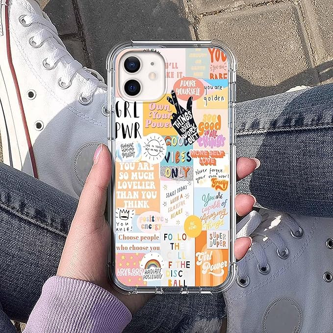 Case for iPhone 12/12 Pro with Beige Design,Cute Inspirational Positive Quotes Collage Pattern,Trendy Soft TPU Bumper Phone Cover(12,Yellow)