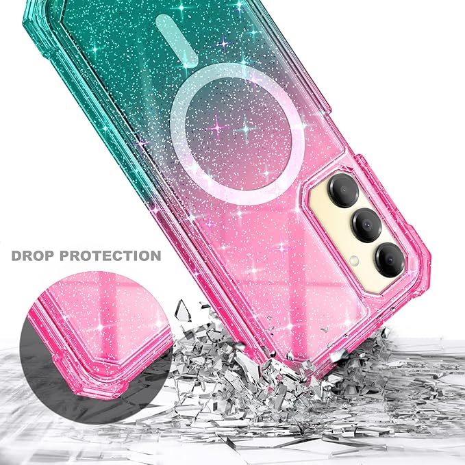 Designed for Samsung Galaxy A16 5G/4G Phone Case, Magnetic Compatible with MagSafe, [Raised Corners Drop Protection] Shockproof Protective Bumper Cover (Glitter Pink/Aqua)