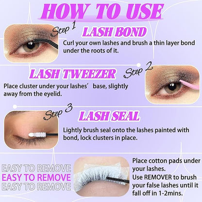 Natural Lash Clusters Kit Wispy Lash Invisible Lash Band Cluster Eyelash Extensions Kit 8-16mm Individual Lashes Extension DIY D Curl Eyelash Clusters with Waterproof Clear Lash Band Clusters