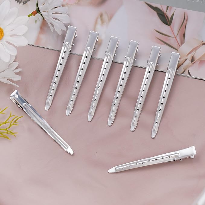 24 Packs Duck Bill Clips, Bantoye 3.35 Inches Rustproof Metal Alligator Curl Clips with Holes for Hair Styling, Hair Coloring, Matte Silver