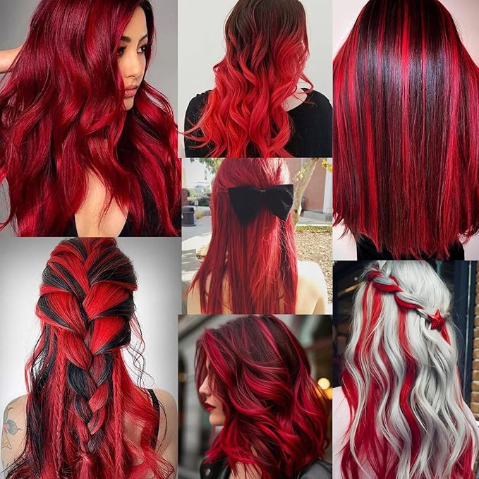 22 inch Colored Hair Extensions Straight Hairpiece, Colorful Hair Extensions Party Highlights Clip in Long Synthetic for Girls Women Kids Favor Gift(10 PCS Red)