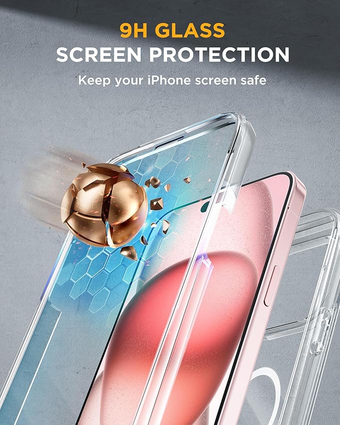 Miracase Glass Series for iPhone 15 Case [Compatible with MagSafe] Full-Body Magnetic Case with Built-in 9H Tempered Glass Anti-Fingerprint Screen Protector + Camera Lens Protector, Clear