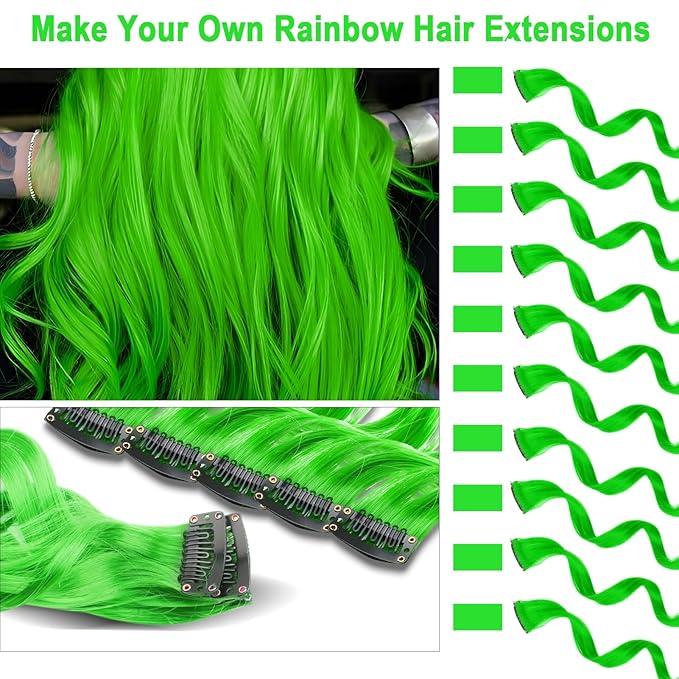 10 PCS Green Hair Extensions, Curly Wavy Synthetic Hairpieces Clip in Rainbow Neon Party Highlights, Colorful Hair Accessories for Kids Girls Women 17 Inch