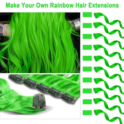 10 PCS Green Hair Extensions, Curly Wavy Synthetic Hairpieces Clip in Rainbow Neon Party Highlights, Colorful Hair Accessories for Kids Girls Women 17 Inch