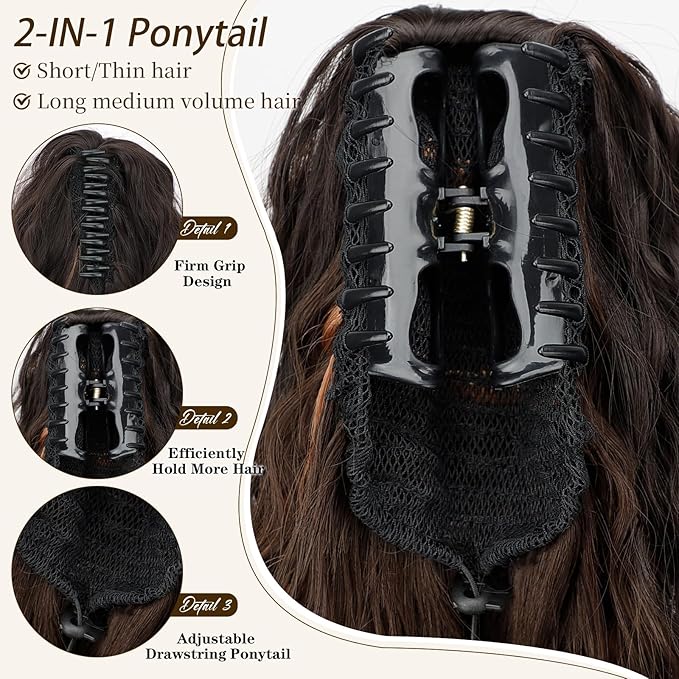 ORSUNCER Ponytail Extension Claw 26" Curly Pony Tail Clip in Claw Hair Extensions Fluffy Natural Looking Synthetic Hairpiece for Women