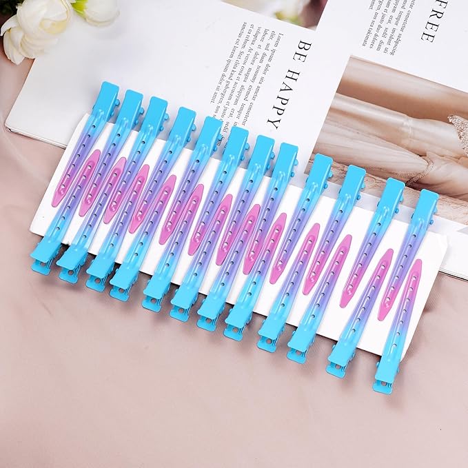 24 Packs Duck Bill Clips, Bantoye 2.75 Inches Rustproof Metal Alligator Curl Clips with Holes for Hair Styling, Hair Coloring, Gradient Blue