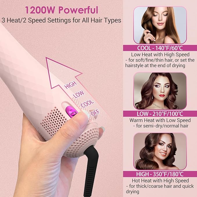 3 in 1 Hair Dryer Brush Professional 1200W Powerful Ceramic Tourmaline 3 Heat/2 Speed Settings One Step Hair Dryer and Styler (Pink)