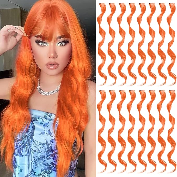 16 Pcs Colored Hair Extensions Curly Wavy Clip in Synthetic Hairpiece Streak for Girls Women Kid, Multi-colors Party Highlights Cosplay Festival Gift(Orange)