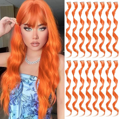 16 Pcs Colored Hair Extensions Curly Wavy Clip in Synthetic Hairpiece Streak for Girls Women Kid, Multi-colors Party Highlights Cosplay Festival Gift(Orange)