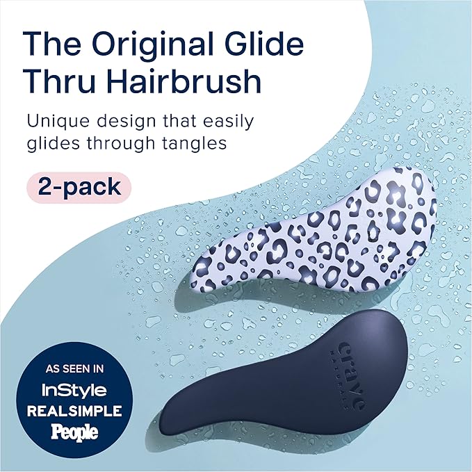 Crave Naturals Glide Thru Detangling Hair Brush for Adults and Kids - Detangler Hairbrush for Curly or Straight, Wet or Dry Hair - Gentle on Tangles Hair Comb - Navy Blue and Blue Cheetah (Pack of 2)