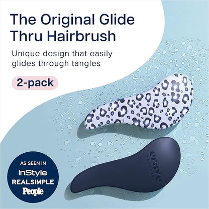 Crave Naturals Glide Thru Detangling Hair Brush for Adults and Kids - Detangler Hairbrush for Curly or Straight, Wet or Dry Hair - Gentle on Tangles Hair Comb - Navy Blue and Blue Cheetah (Pack of 2)